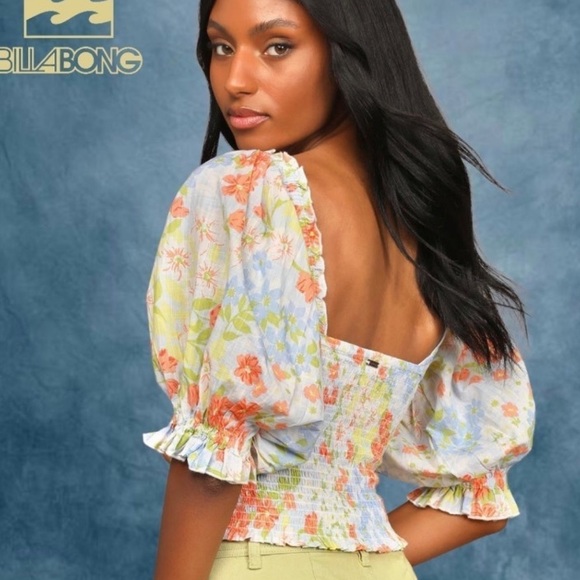 BILLABONG Feeling Groovy Smocked Puff Sleeve Crop Top NWT L - Picture 3 of 10